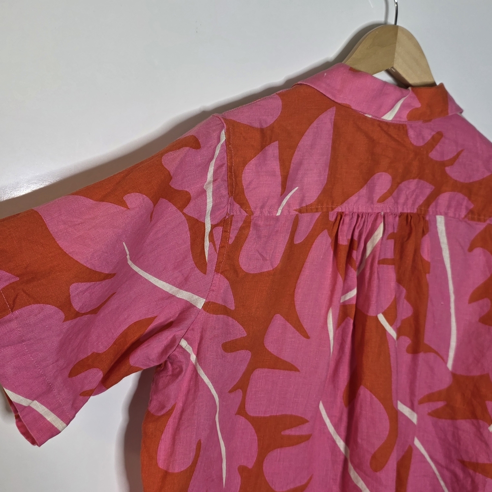 Trovata Birds of Paradise Margot shirt Pink palm print 100% Linen Size Medium - Picture 8 of 11